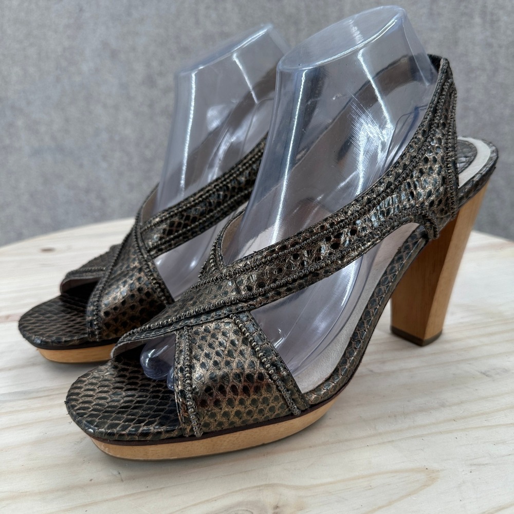Frye Gerry Snakeskin Embossed Beaded Wood Heel Platform Slingback Sandals 10‎